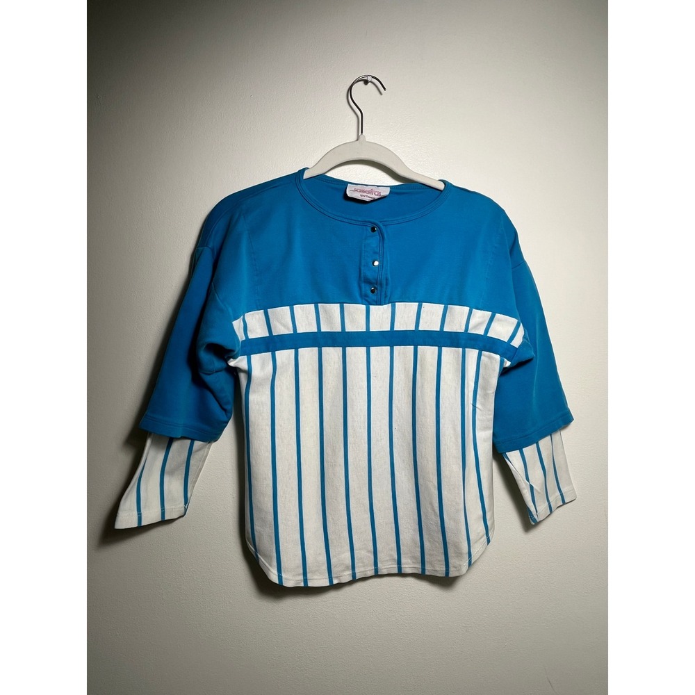 Vintage Sassafras Sportswear Blue Striped Henley Layered Look Top Retro 80s